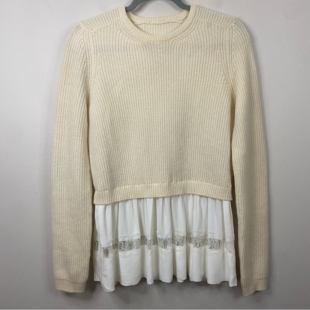 No. 21 Wool Blend Twofer Layered Sweater with Silk Lace Hem Cream Size Small